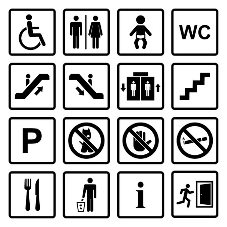 Vector black public icons set with toilet,child,garbage,dog,lift,escalator,exit,stairs,wheel chair,smoking,internet, parking,cafe,eateryのイラスト素材