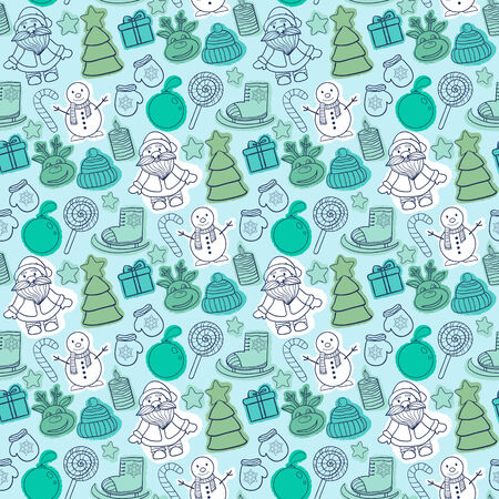 Vector Christmas pattern with Santa Claus,snowman,Christmas tree,sleigh,candy,deerのイラスト素材