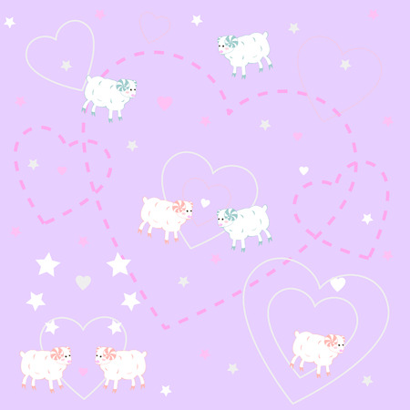 Vector seamless pattern with cute lambs,sheep and hearts on a pink backgroundのイラスト素材