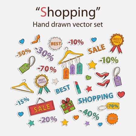 Vector shopping set.Scrapbook set.Sticker.Themed design with different elements, sale,shoes ,heart gift,price tag,label,lipstick, discount,interest.のイラスト素材