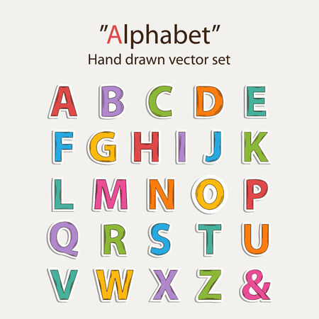 Vector hand drawn colored  alphabet sticer set with shadowのイラスト素材