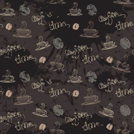 Vector grunge pattern.Coffe time.Seamless pattern with  mug, cup, coffee, coffee bean,coffee stains, ink on brown backgroundのイラスト素材