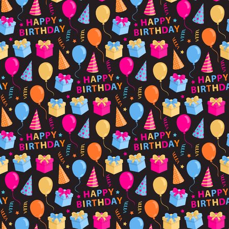Happy Birthday pattern with gift, balloon, festive hat, streamers,celebratory text on a black backgroundのイラスト素材
