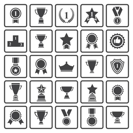 Big set of  black vector award success and victory icons with trophies,stars,cups,ribbons,rosettes,medals,medallions ,wreath, podiumのイラスト素材