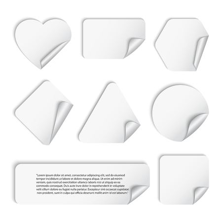 Vector set of white stickers geometric shapes with shadow and a curved corner ,isolated on a white background.Triangle, square, circle, rectangle,polygon,heartのイラスト素材