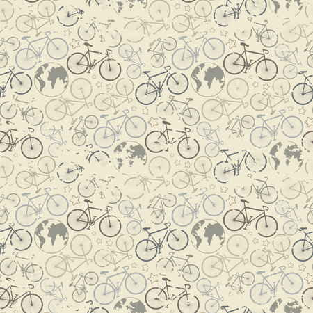 Vector seamless bicycle grunge pattern.Cycle racing.Travel around the world on a bicycleのイラスト素材