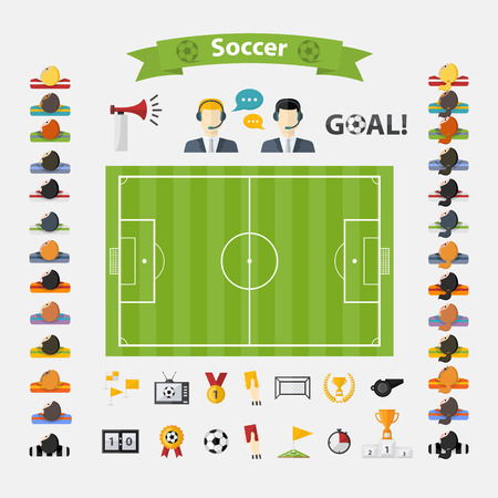 Soccer Icons set.Flat design Football with womens and mens team, commentators,soccer ball,cup,scoreboard,football goals,football field,laurel wreath,whistle,television,flag,badge,hand,football hornのイラスト素材