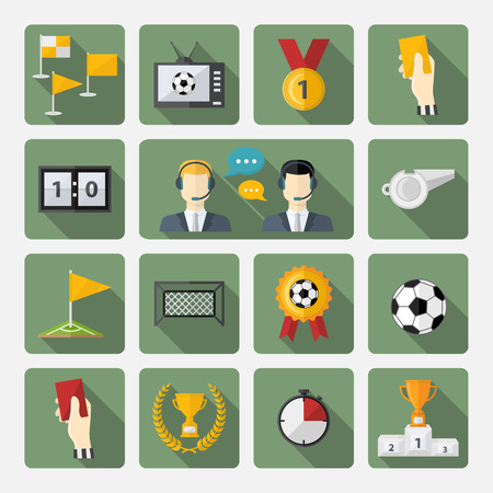 Vector soccer icons set.Flat design football with commentators,soccer ball,cup,scoreboard,football goals,football field,laurel wreath,whistle,television,flag,badge,hand,clock,corner and shadowのイラスト素材