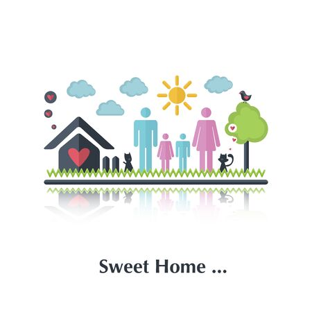 Vector people icon,pictogram.Concept of happy family,relationchip,over white and text Sweet home, in flat styleのイラスト素材