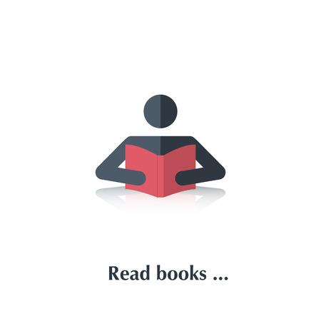 Vector  black people icon,pictogram.Concept read books,education, school, study, literature,library,red book,over white with text Read books,in flat stileのイラスト素材