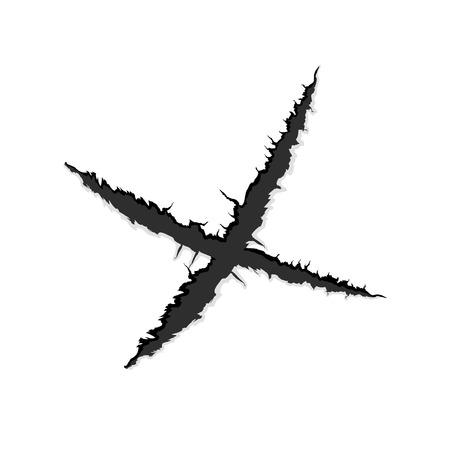 Vector black crosswise vertical trace of monster claw, hand scratch ,rip through,break through with shadow and light isolated on white backgroundのイラスト素材
