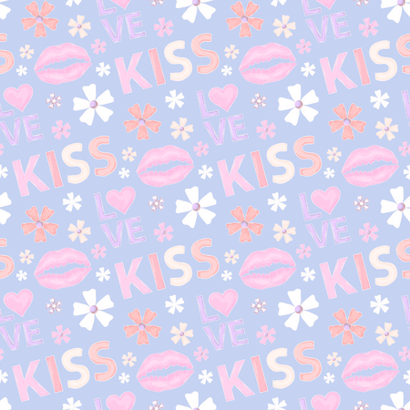 Vector Seamless Pattern with flowers  heart,text kiss and love,kiss imprint  icon isolated on a a blue backgraund for site wab page womens blog.Happy Valentine's dayのイラスト素材