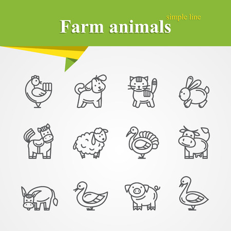 Simple thin line Farm animals icons set with cat,rabbit,turkey,duck,goose,dog,chicken,horse,lamb,turkey,donkey,pigのイラスト素材