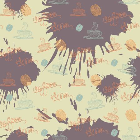Coffe time.Seamless pattern with thematic elements: mug, cup, coffee, coffee bean,coffee stains, ink on brown backgroundのイラスト素材