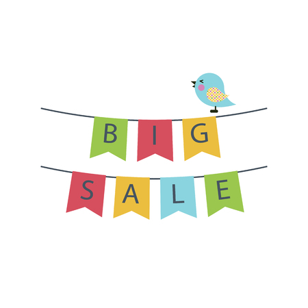 Vector Big sale text on a garland of flags icon with bird in flat style.Big sale banner isolated on white background.Big sale icon flat style.Big sale label with bird icons.Sale bannerのイラスト素材