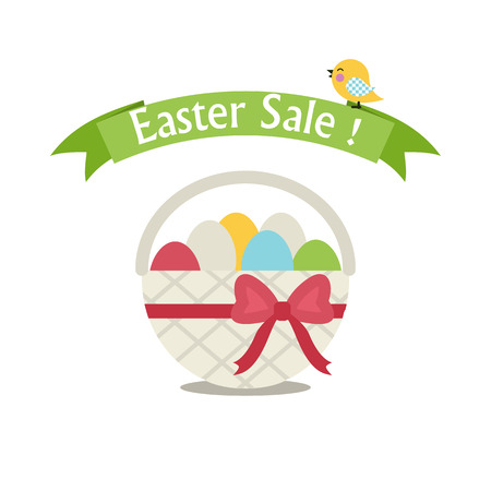 Vector Easter sale ribbon icon with Easter basket with eggs in flat style.Easter sale ribbon isolated on background.Easter sale icon .Easter sale ribbon with easter basket eggs for holiday designのイラスト素材