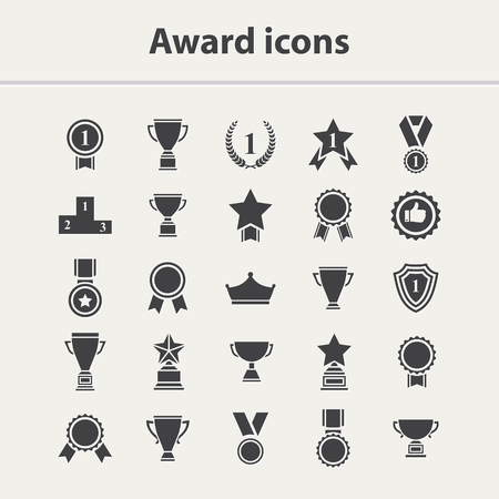 Award icon set.Vector black award icon collection isolated on a white background.Vector medal,cup,trophy icon setのイラスト素材
