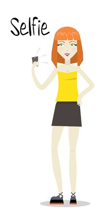 Selfie girl vector illustration.Young girl make a selfie. Woman standing with smartphone.Yang photographed themselves on the phone.Selfie woman. Selfie vector.Women in poseのイラスト素材
