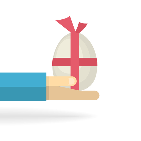 Hand with big egg with a red bow isolated on a white background.Easter symbol.Vector gift egg.Chicken egg.のイラスト素材