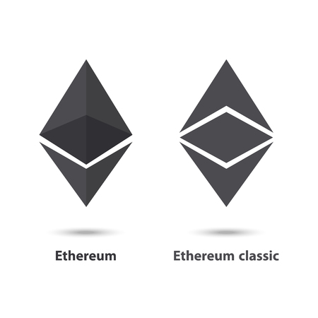 Ethereum and ethereum classic crypto currency chrystal coin icon.Blockchain platform logo. Virtual money icon collection.In flat style.Symbol of smart technologies. Decentralized computer networks.のイラスト素材