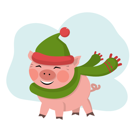 Vector cute pig smile in green hatのイラスト素材