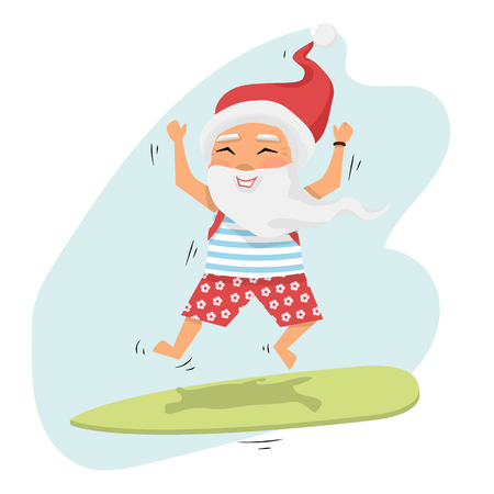 Santa Claus jumping on surfboard with gifts in backpack isolated isolated over white cartoon character Santa Claus emotion.Merry Christmas and Happy New Year backgroundのイラスト素材