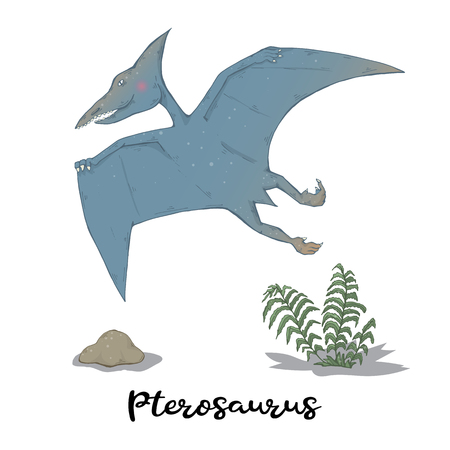 Pterosaurus with plants and stone isolated on a white background.Wild creature predator.Dinosaur period.Reptile animalのイラスト素材