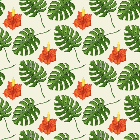 Tropical pattern with monstera leaves and hibiscus flower on a white background.Exotic endless textureのイラスト素材