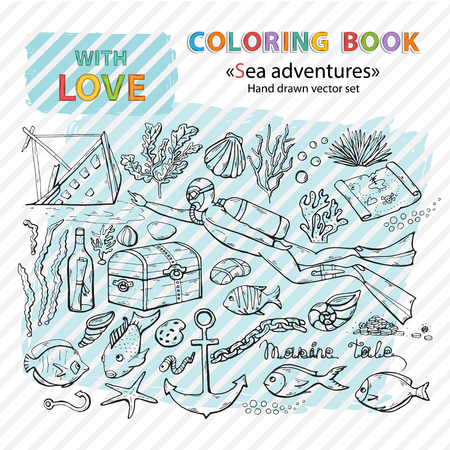 Coloring book. Vector scuba diver.Marine . Underwater vectorのイラスト素材