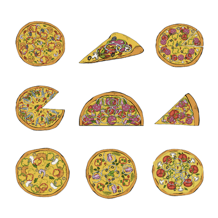 Pizza of different types set. Margherita and pepperoniのイラスト素材
