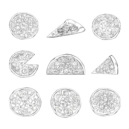 Pizza outline of different types set .Margarita and pepperoni, seafood. Italian food with cheese and tomato in pizzeria or pizza house illustration set of baked pie in Italy. Vegetarian meal.のイラスト素材