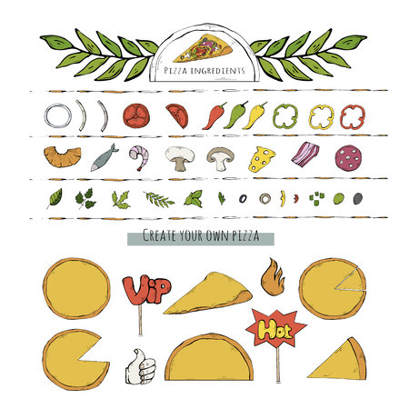 Vector pizza set,collection over white.Pizza ingredient pictogram ,sign,icon,symbol clip art collection isolated.Fast food object clip art in doodle style design.Italian food.For cooking designのイラスト素材