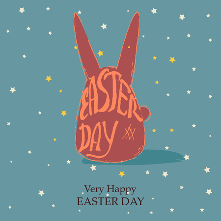 Rabbit shape illustration with text Easter day and stars retro styleon a dark blue background.のイラスト素材