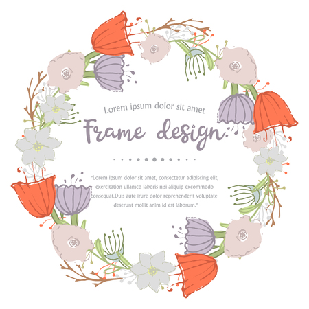 Wreath with leaves and blue and red  and pink flowers isolated on a white background.Vector Spring flower nature decorative plantsのイラスト素材