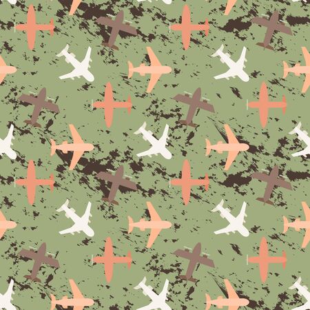 Plane seamless pattern  isolated on a green grunge  background  flat   style.Airplane silhouette,model plane.Fly and jet  collectionのイラスト素材