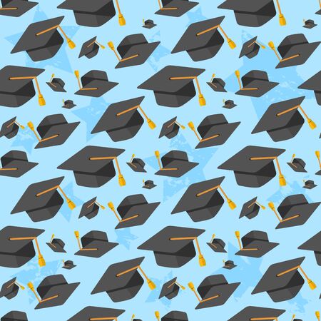 Graduation hats seamless pattern  on a blue background in flat styleのイラスト素材