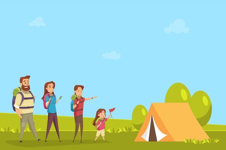 Family tourism.People camping.Vacation with children.Travel concept .Happy Couple with kid boy and girl cartoon illustrationのイラスト素材