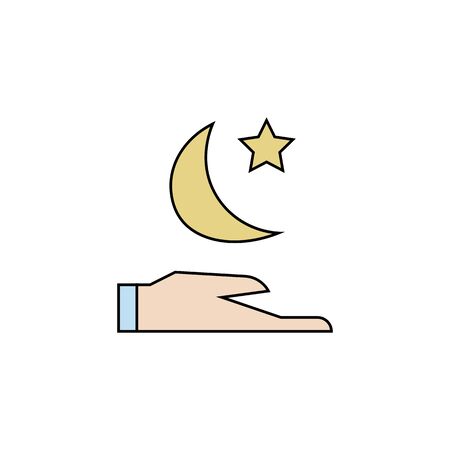 Hand with a t moon and a star flat and thin line icon isolated on a white background.Ramadan holiday design element.Religion muslims signのイラスト素材