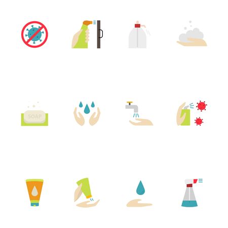Hygiene Icon flat or cartoon style. Included the icons as hand wash, soap, alcohol, detergent, anti bacteria, isolated on a white backgroundのイラスト素材