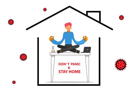 I stay at home awareness social media campaign and coronavirus prevention: man lying on the sofa and listening to musicのイラスト素材