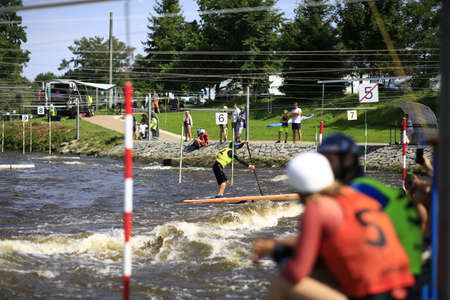 May 13th 2022 Paddleboard race on cascade wild river Vltava in Czech republicの写真素材
