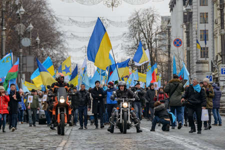 KYIV, UKRAINE - FEBRUARY 26, 2017: On the streets of the city is a march of solidarity in support of the Crimean Tatars, Ukrainians and people of other nationalities who reside in a temporarily occupied Crimea and preserve their own dignity and loyalty toのeditorial素材