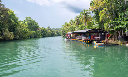 Bohol, Philippines - June, 20, 2019: Floating buffet reastaurant cruise on Loboc Riverの写真素材