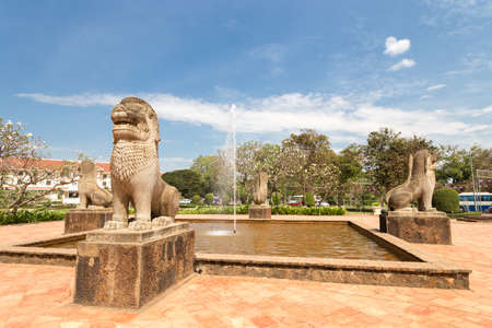 Siem Reap, Cambodia - February 2, 2017: City fountain with statues of lions