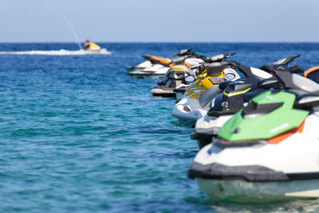 Puerto Galera, Sabang, Philippines - April 4, 2017:  Many jet ski in the sea. Water activities on White beachのeditorial素材