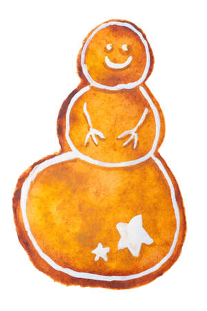 Hand drawn watercolor drawing of Christmas gingerbread snowman on white background, isolated