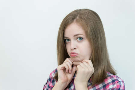 Young chubby caucasian woman girl with double chinの写真素材