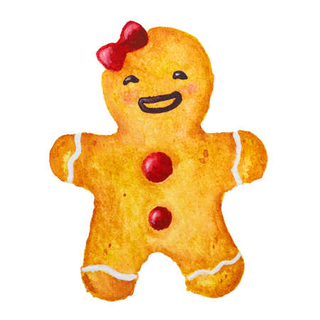 Hand drawn watercolor drawing of Christmas gingerbread girl on white background, isolatedの写真素材