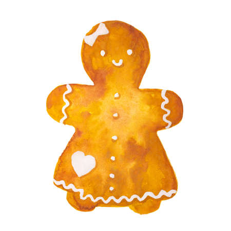 Hand drawn watercolor drawing of Christmas gingerbread girl on white background, isolatedの写真素材