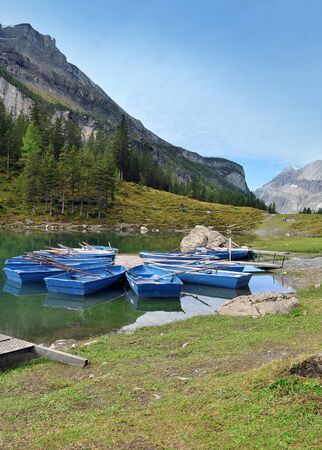 boats in the mountain lakeの写真素材